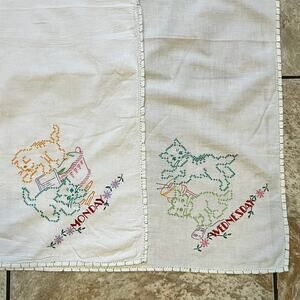 Vintage Embroidered Cat Day Towels Set Monday Wednesday Kitchen Linen 33x29.5